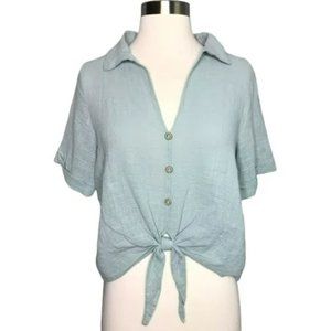 Urban Romantics Cropped Tie Waist Button Down Top Sage Green Small
